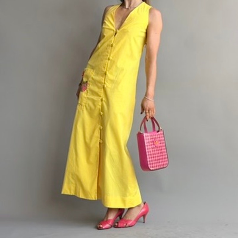Jamaica Dowry Vintage 70s Yellow Maxi Dress - Hand Embroidered Donkey - Small
