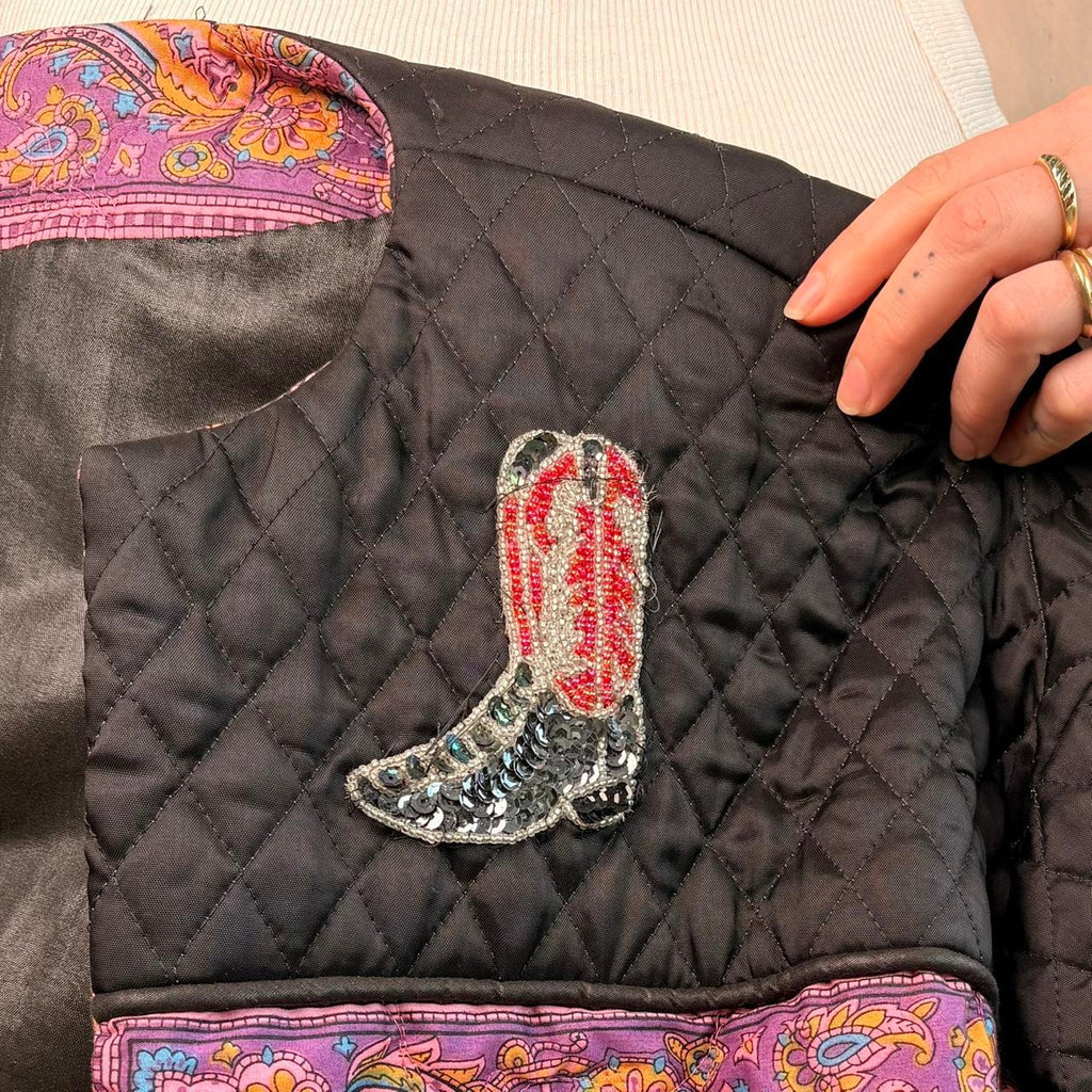 Quilted Paisley Jacket with Cowboy Boot Patch - Black & Pink