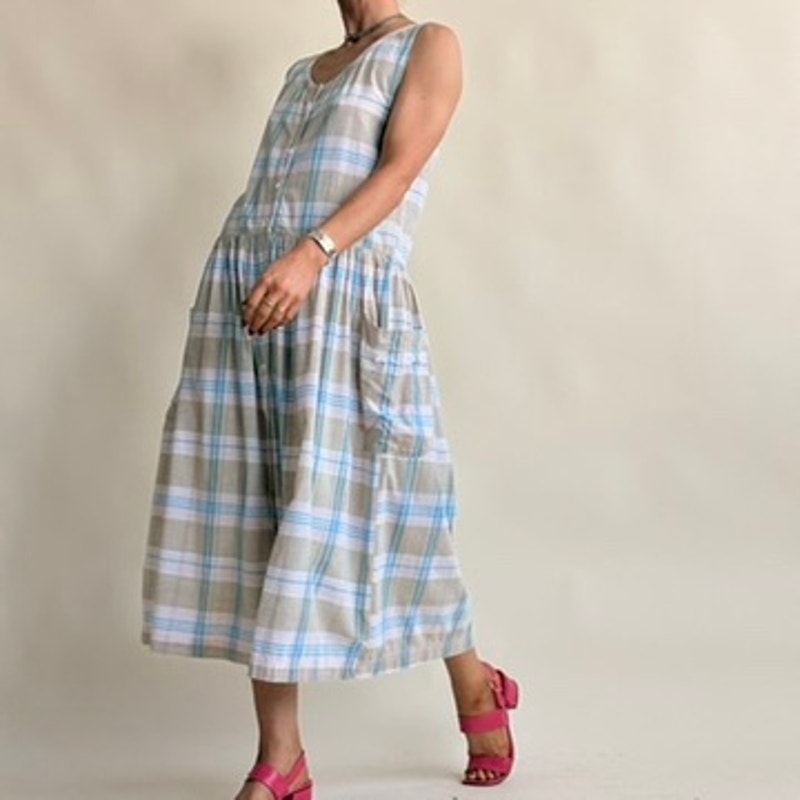 Erika Plaid Drop-Waist Dress - Light Blue, Sage & White, Pockets, 100% Cotton, Size M