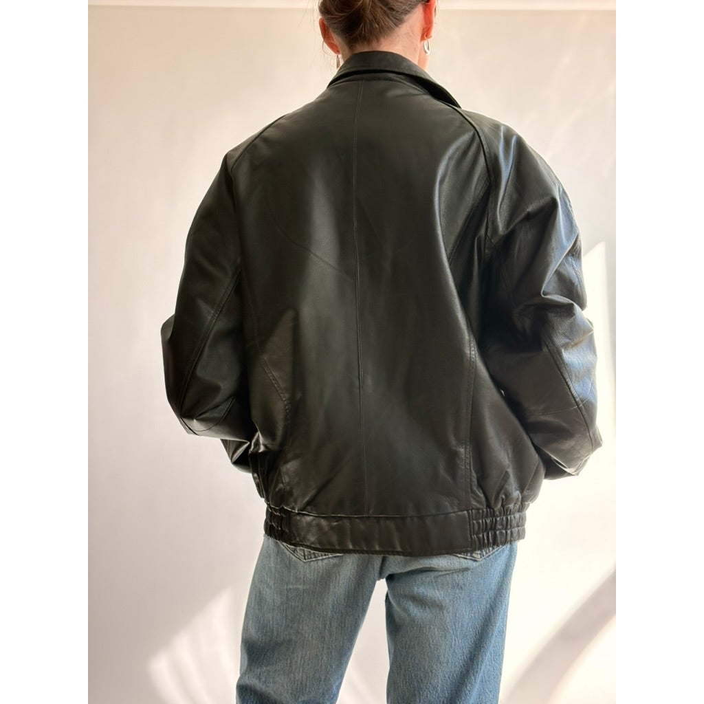 Vintage 90s North Crest Black Leather Bomber Jacket -large