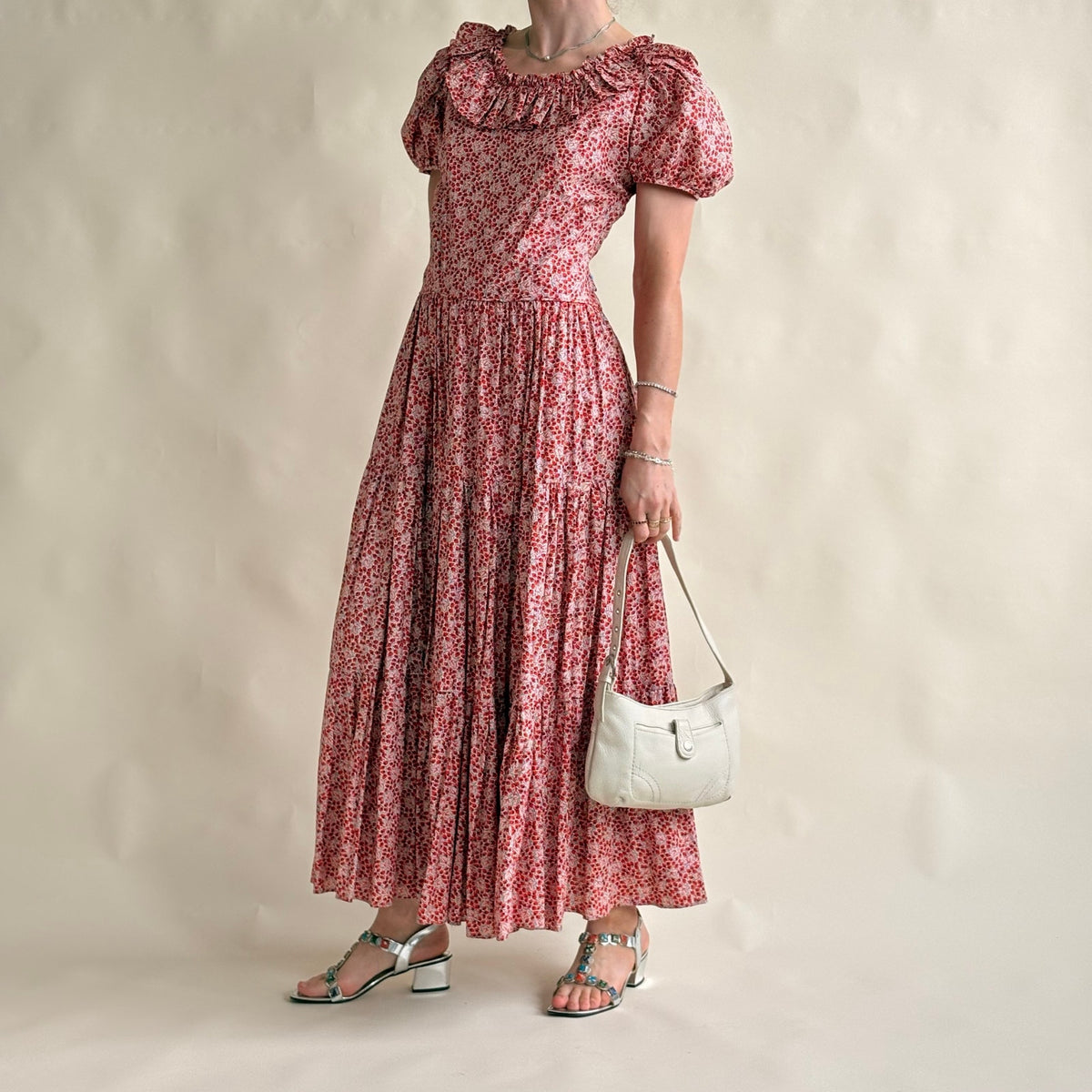 Vintage Handmade 70s Red Floral Maxi Dress - Puff Sleeve, Ruffle Neck