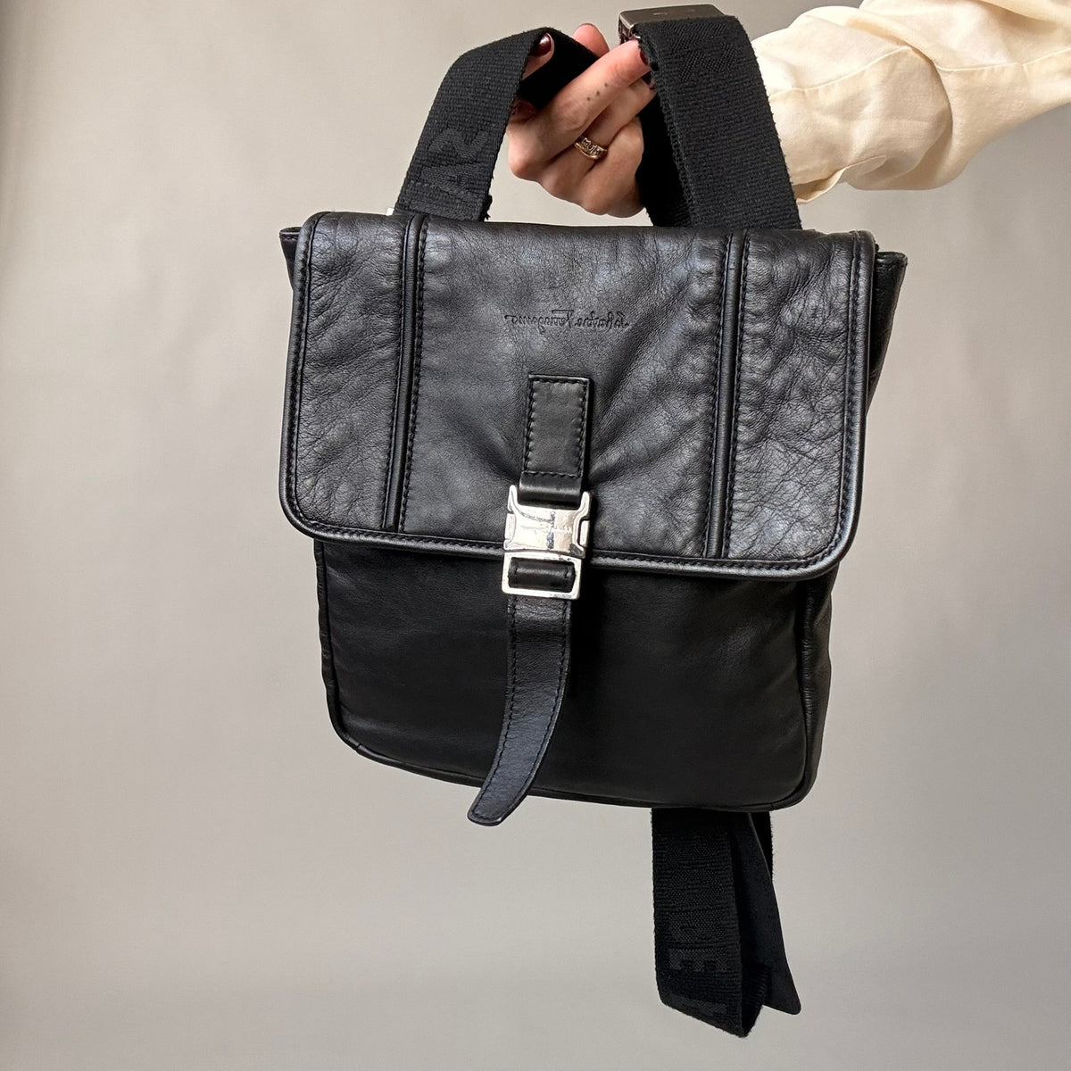 Vintage Salvatore Ferragamo Black Leather Messenger Crossbody Bag