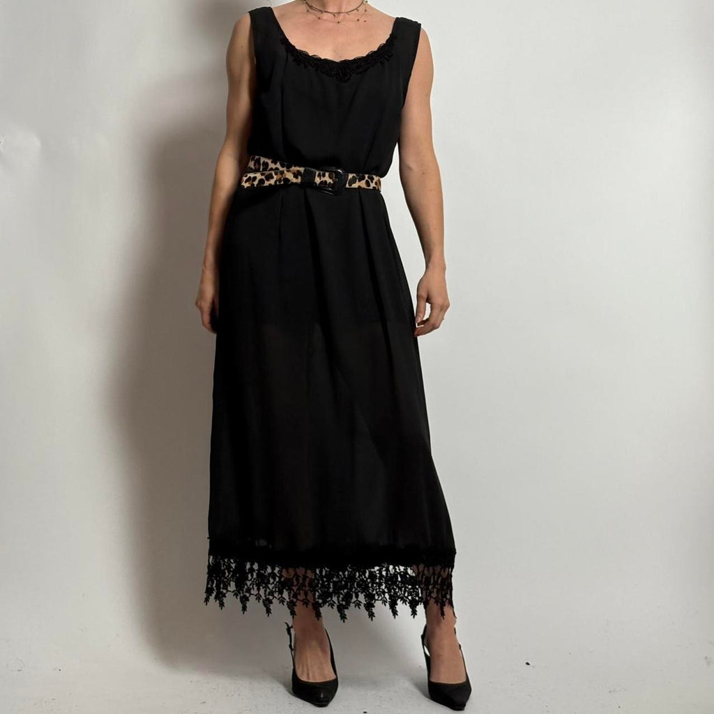 Vintage Alexander Brown Sheer Black Floral Maxi Dress - Lace Trim, Fits M/L