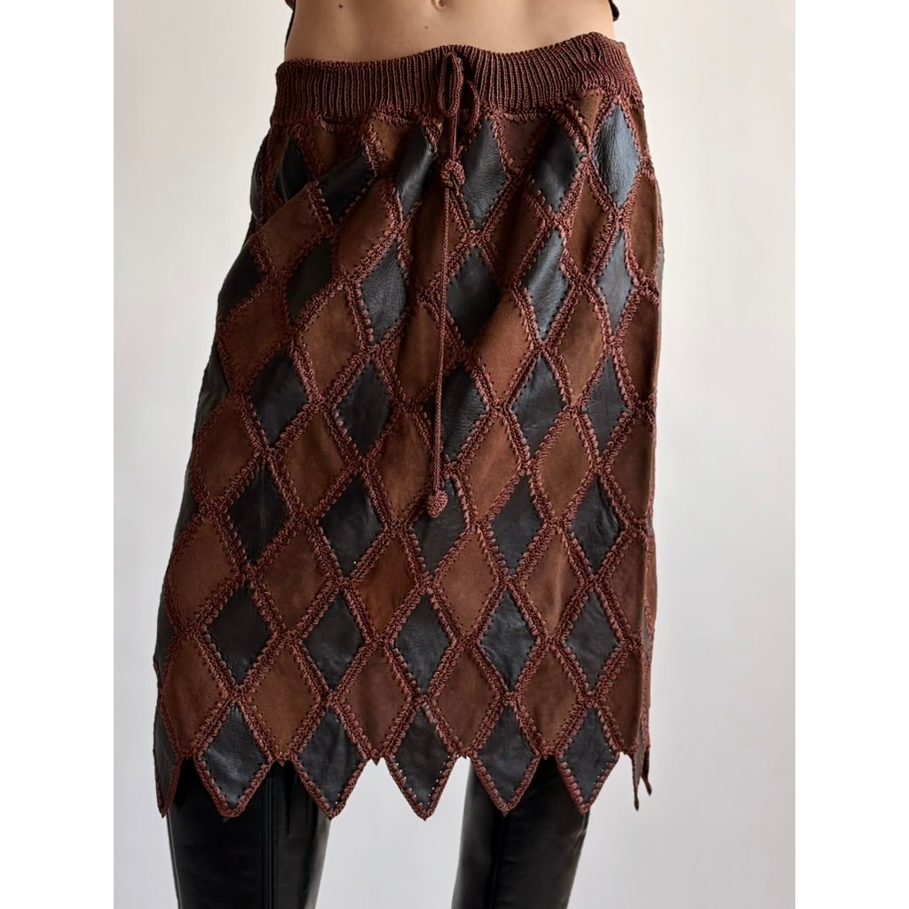 Vintage 1970s Handmade Turkish Diamond Patchwork Leather Skirt