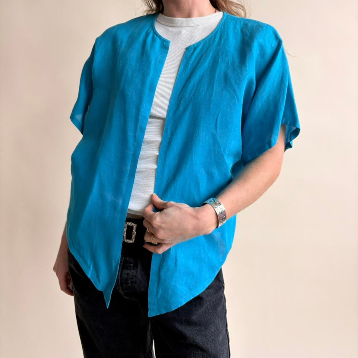 Robert Haik Linen Cotton Open Blouse - Bright Blue