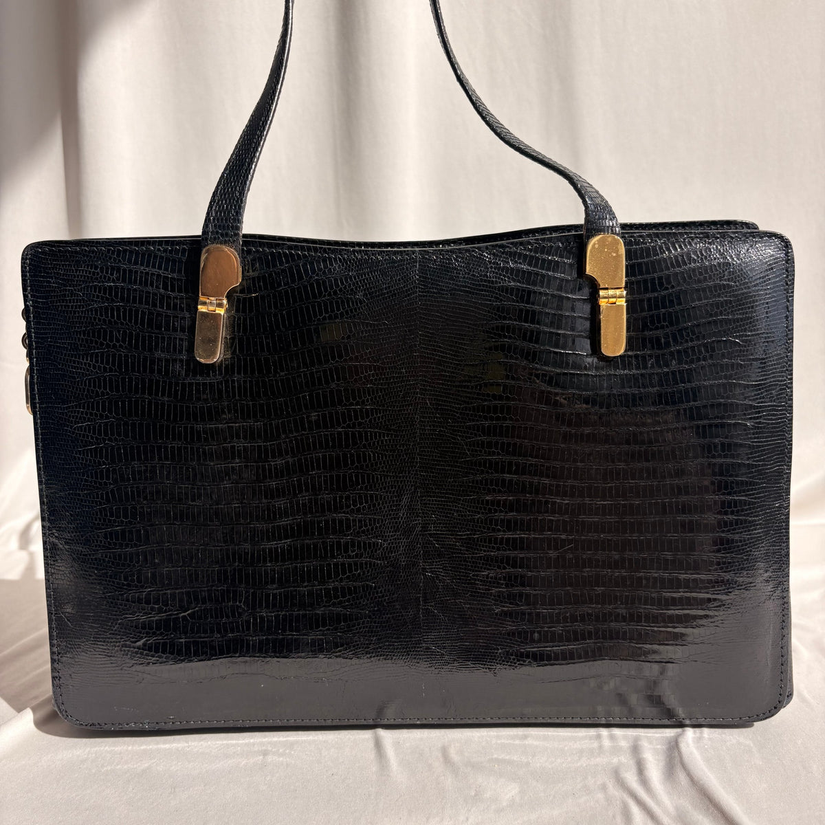 Vintage Loewe Black Patent Croc-Embossed Leather Shoulder Bag