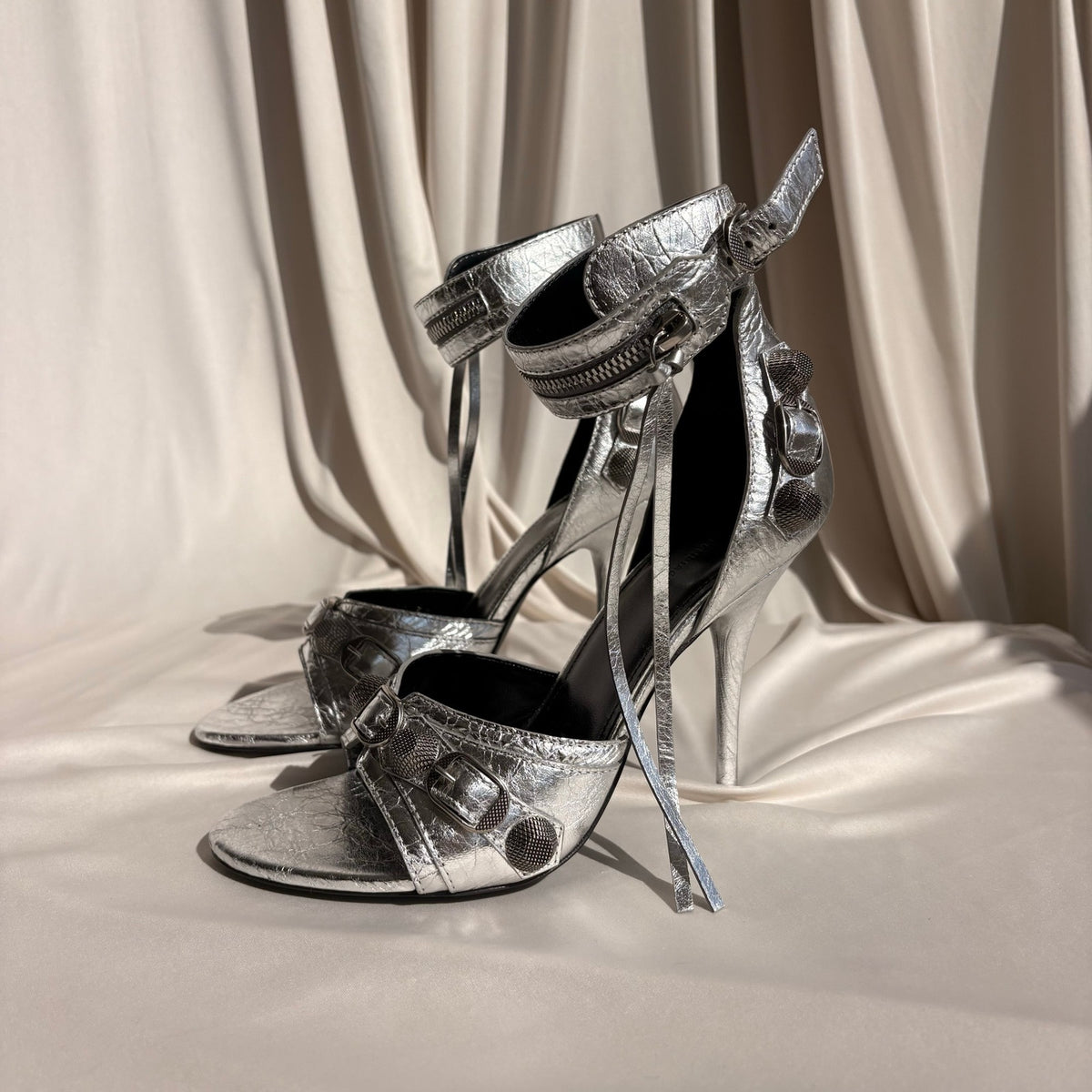 Balenciaga Silver Metallic Leather Cagole Studded Heels