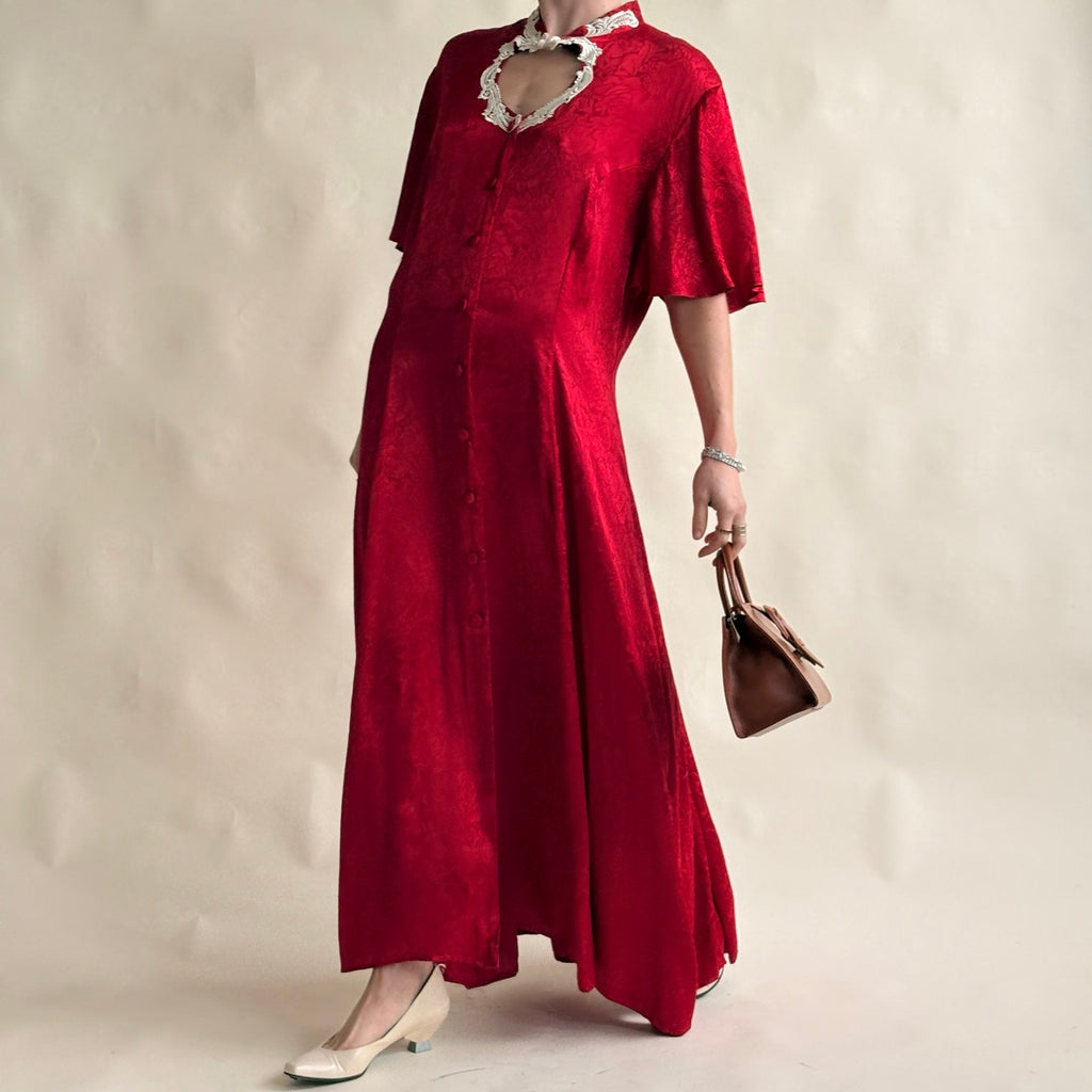 Frederick's of Hollywood Red Satin Rose Jacquard Maxi Dress - Lace Cutout