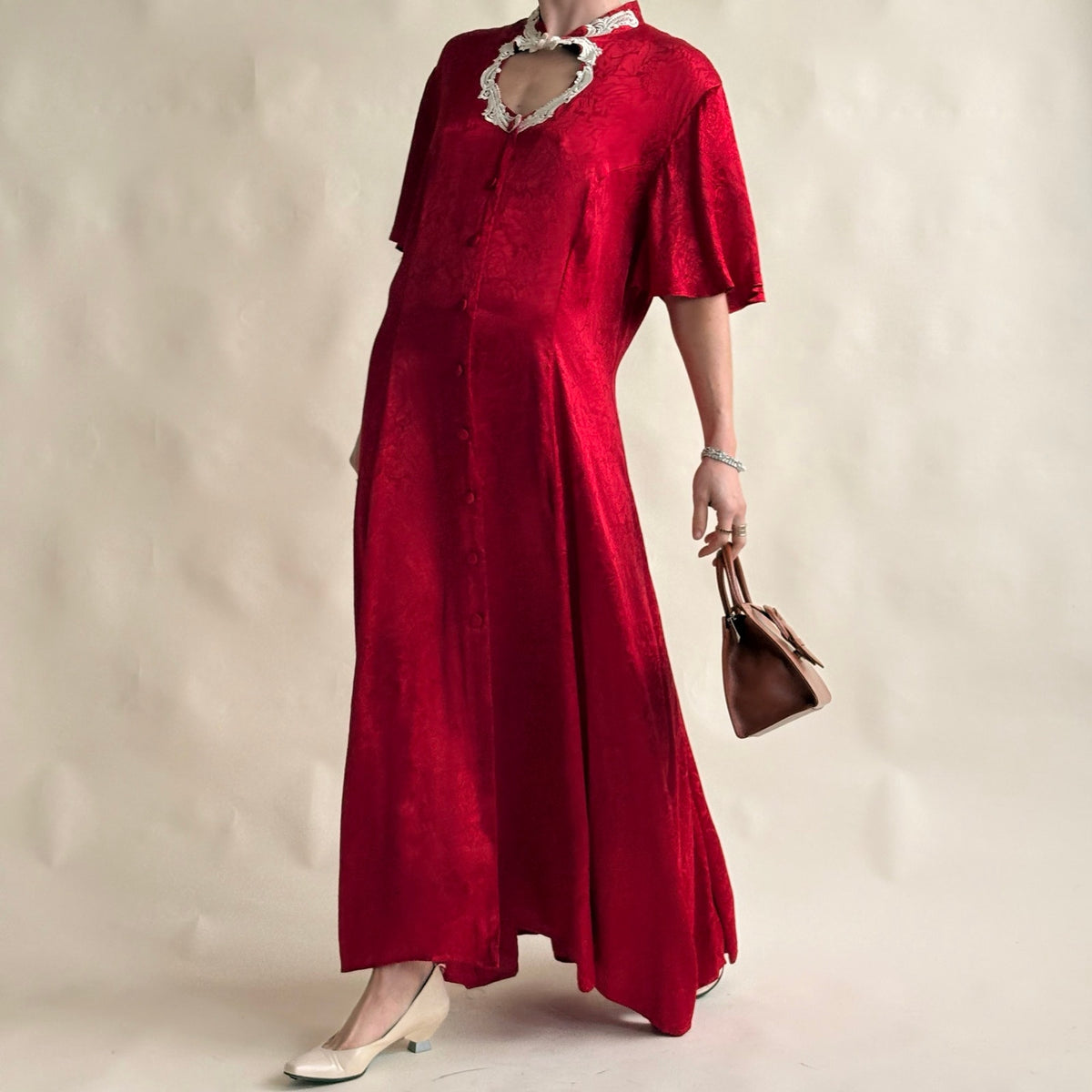 Frederick's of Hollywood Red Satin Rose Jacquard Maxi Dress - Lace Cutout