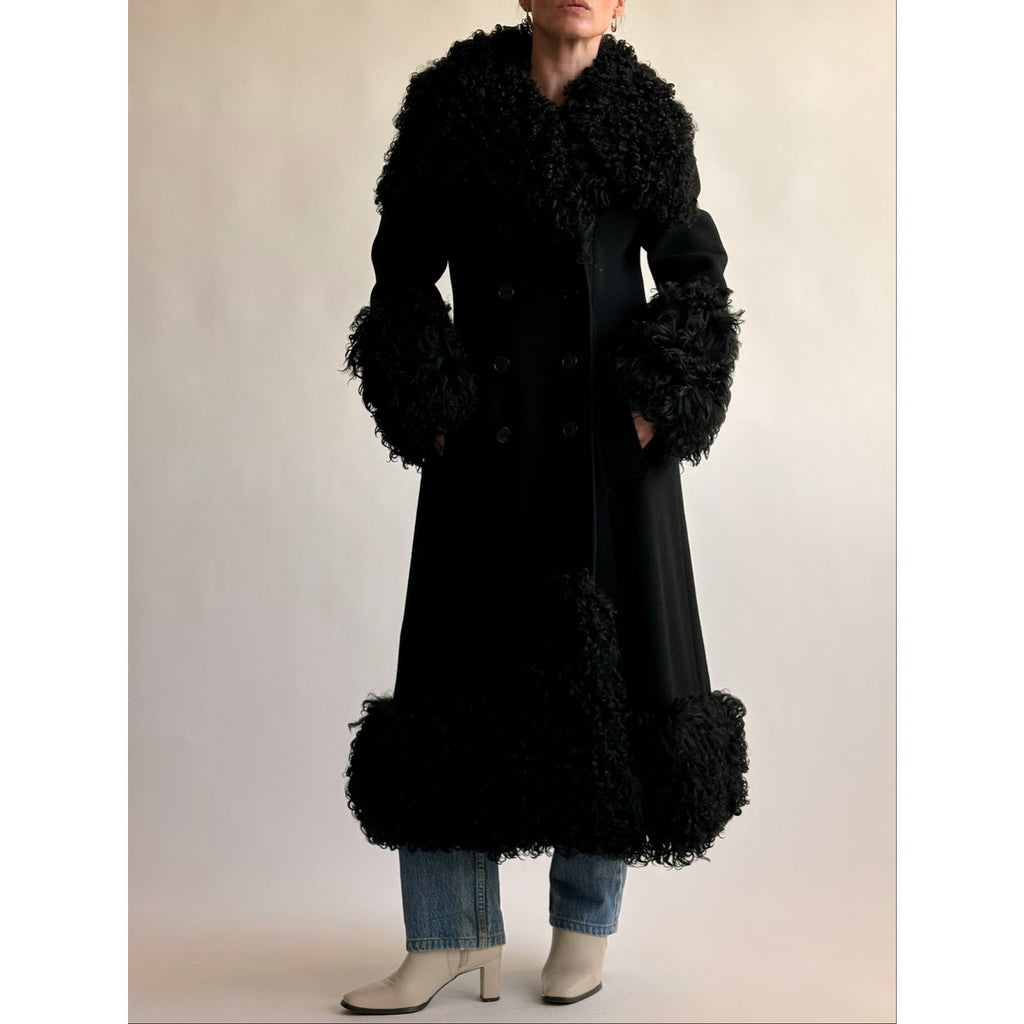 Vintage 1970s Black Wool & Mongolian Shearling Coat