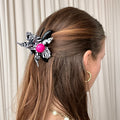 Black & White Flower Claw Clip - Hot Pink Center, 80s Vintage