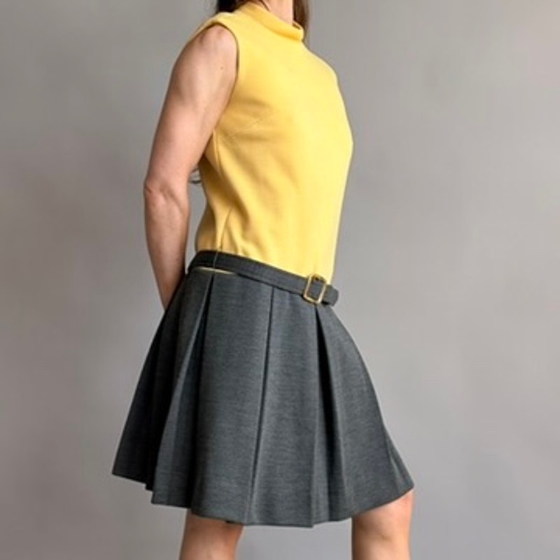 Vintage 60s Union-Made Mustard & Grey Drop Waist Wool Dress