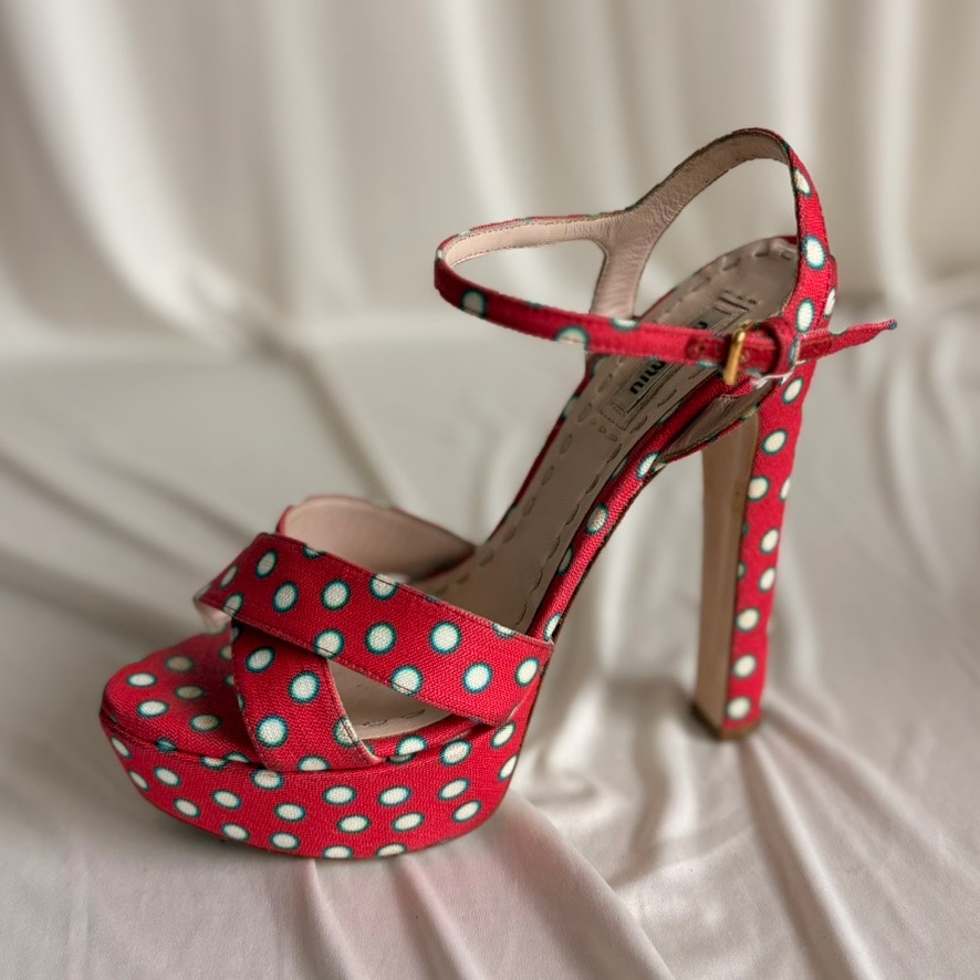 Miu Miu Polka-Dot Canvas Platform Sandals - 2010 SS Collection, EU 37/US 7