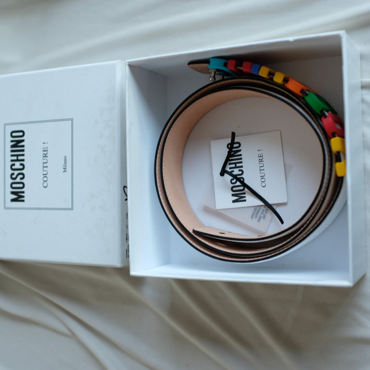 Moschino White Leather Multicolor Logo Buckle Belt Size IT50