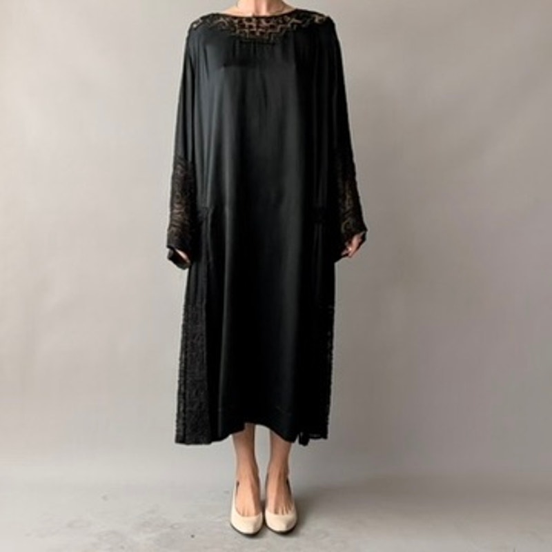 Antique 1920s Black Silk Satin Hand-Beaded Lace Shift Dress