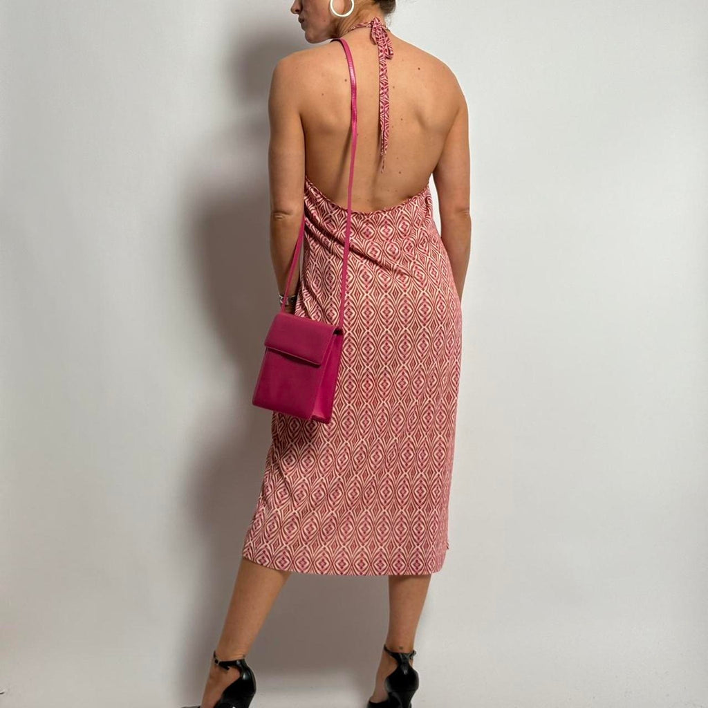 Chloé SS 2001 Pink and White Abstract Mesh Halter Dress - Large