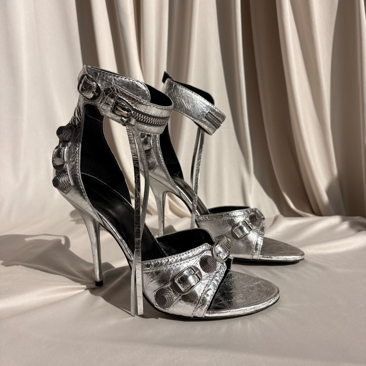 Balenciaga Silver Metallic Leather Cagole Studded Heels