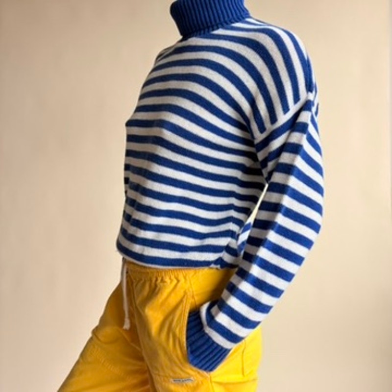 Nantucket Mills Striped Turtleneck - White & Blue, Made in USA, Size M