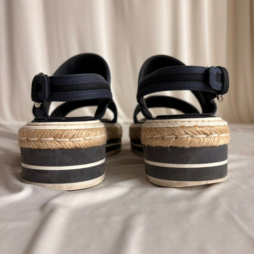Prada Black & Baltic Blue Canvas Espadrille Platform Sandals - EU 37/US 7