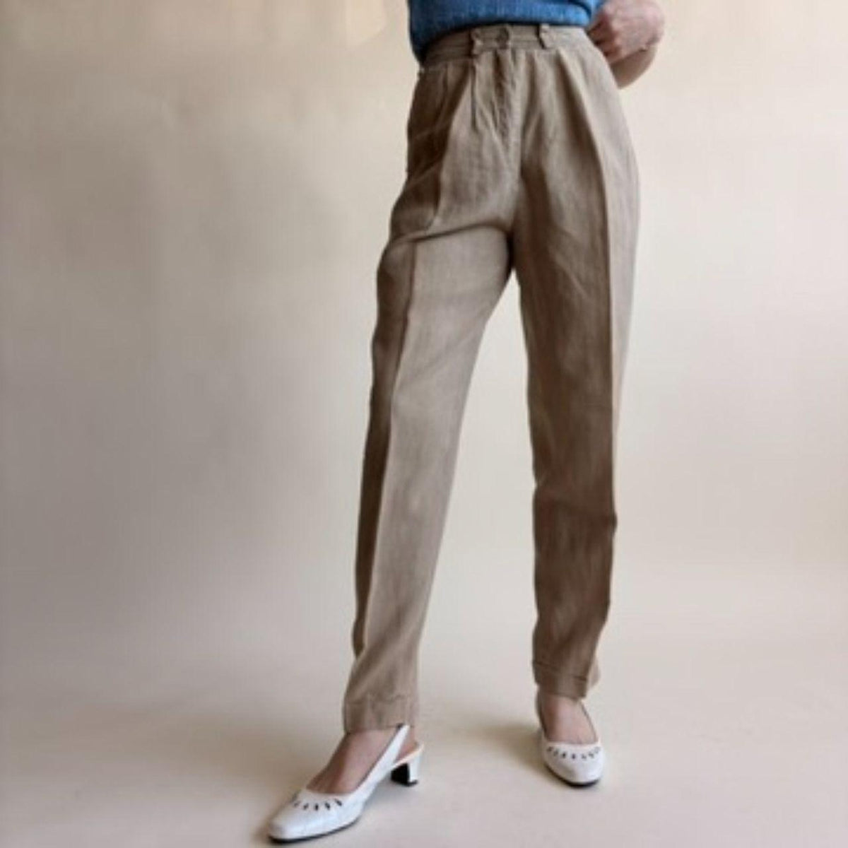 Daniel Caron Brown Pleated Linen Trousers - High Waisted