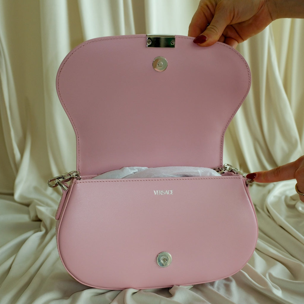 Versace Pink Medium La Greca Goddess Logo Leather Shoulder Bag