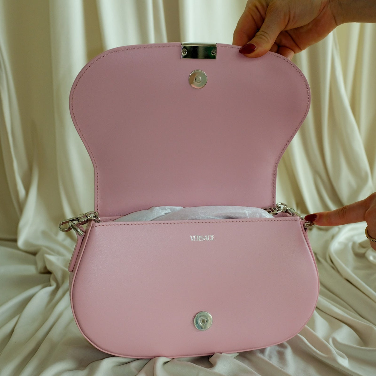 Versace Pink Medium La Greca Goddess Logo Leather Shoulder Bag