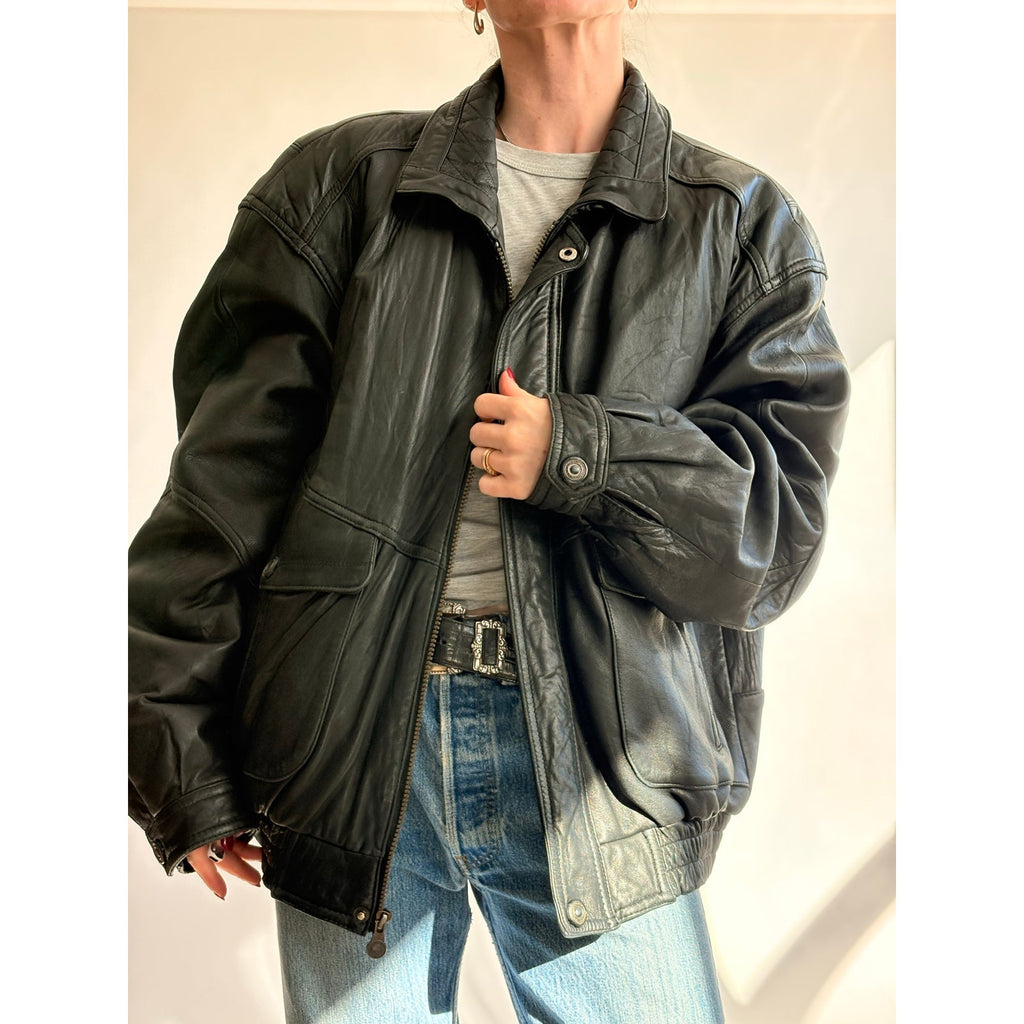 Vintage 1980s Members Only Black Leather Bomber Jacket