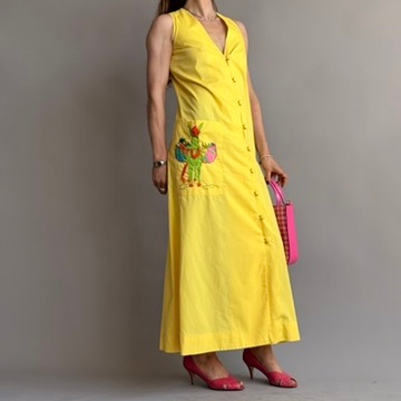Jamaica Dowry Vintage 70s Yellow Maxi Dress - Hand Embroidered Donkey - Small