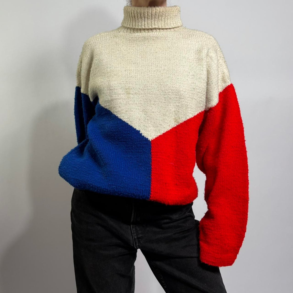 Vintage Tricolor Turtleneck Sweater - Red, White, Blue