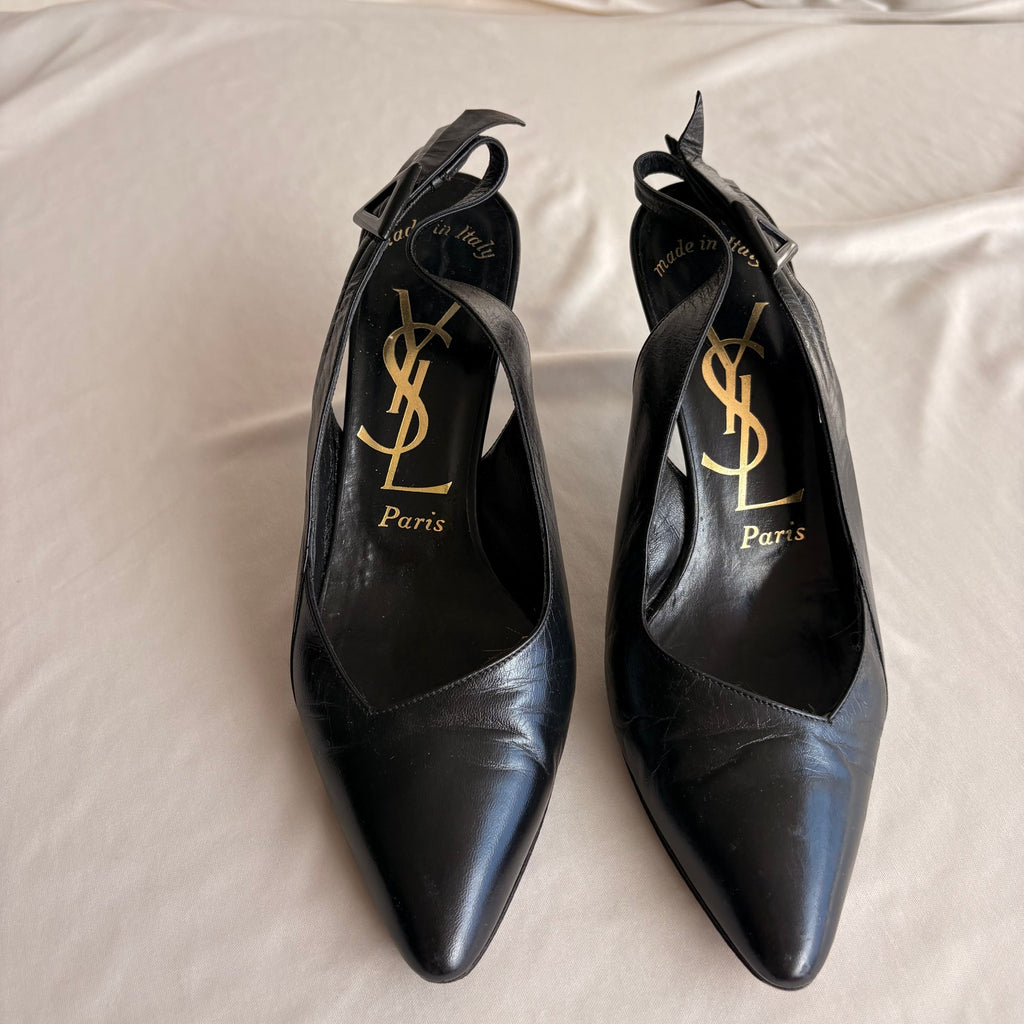 Vintage 80s YSL Black Leather Slingback Heels -  7.5 (fits like a 7)