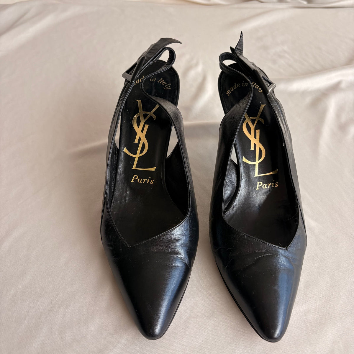 Vintage 80s YSL Black Leather Slingback Heels -  7.5 (fits like a 7)