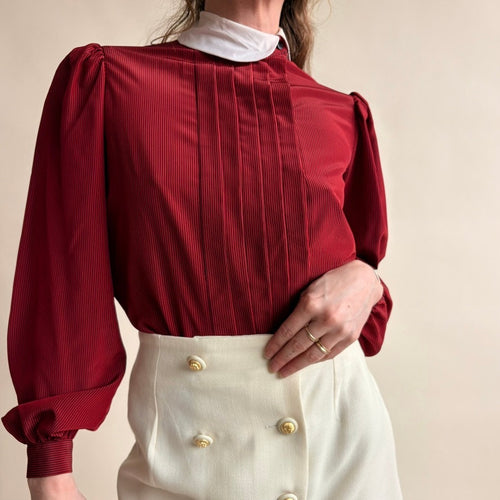 Albert Nipon Claret Pintuck Blouse - Peter Pan Collar, Puff Sleeves, Size 4