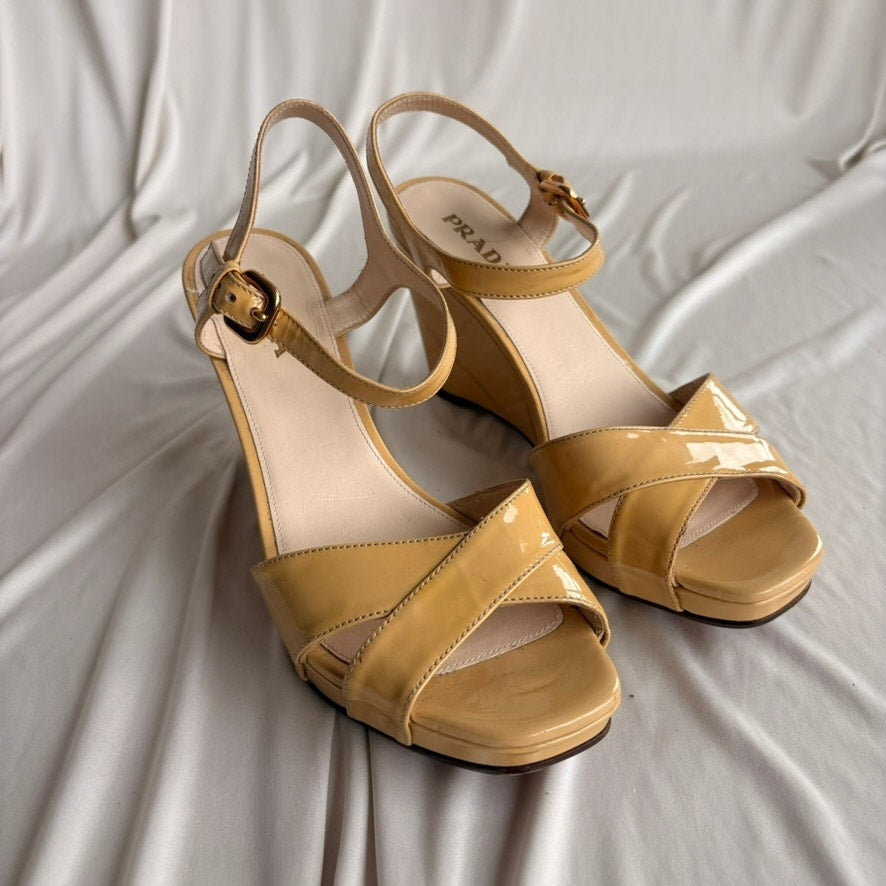 Vintage Prada Butter Yellow Patent Leather Wedge Sandals - Y2K, EU 39.5/US 9.5
