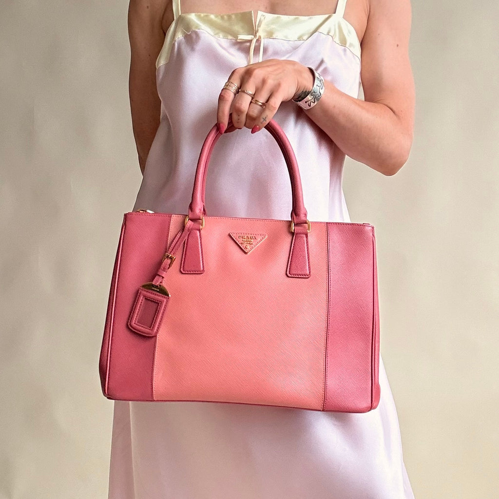 Authentic Prada Galleria Tote Saffiano Lux Leather Bi-Color Pink Double-Zip COA