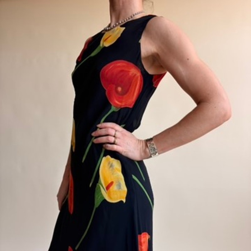 Tessuto Black Calla Lily Maxi Dress - Yellow & Red Flowers- 90s Vintage, Size XS