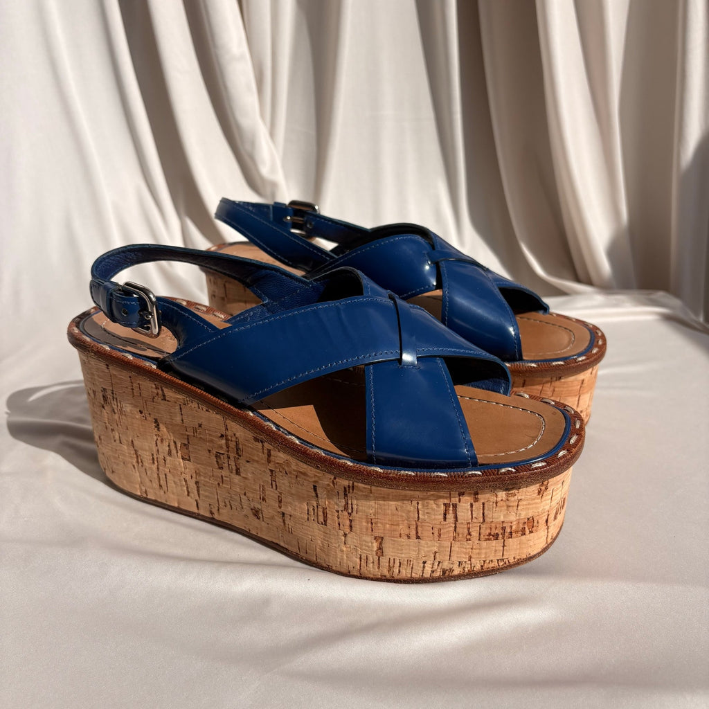 Prada Crisscross Blue Leather Wedge Sandals - EU 38 / US 7