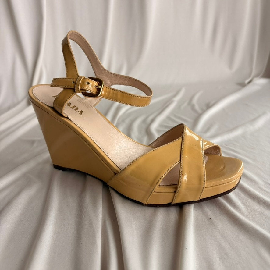 Vintage Prada Butter Yellow Patent Leather Wedge Sandals - Y2K, EU 39.5/US 9.5