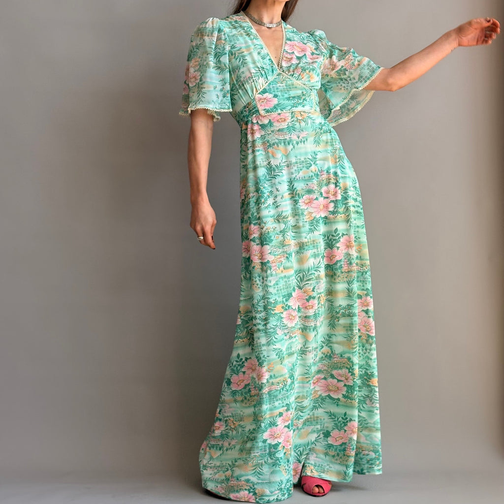 House of Nu-Mode Vintage 70s Mint Green Hawaiian Maxi Dress