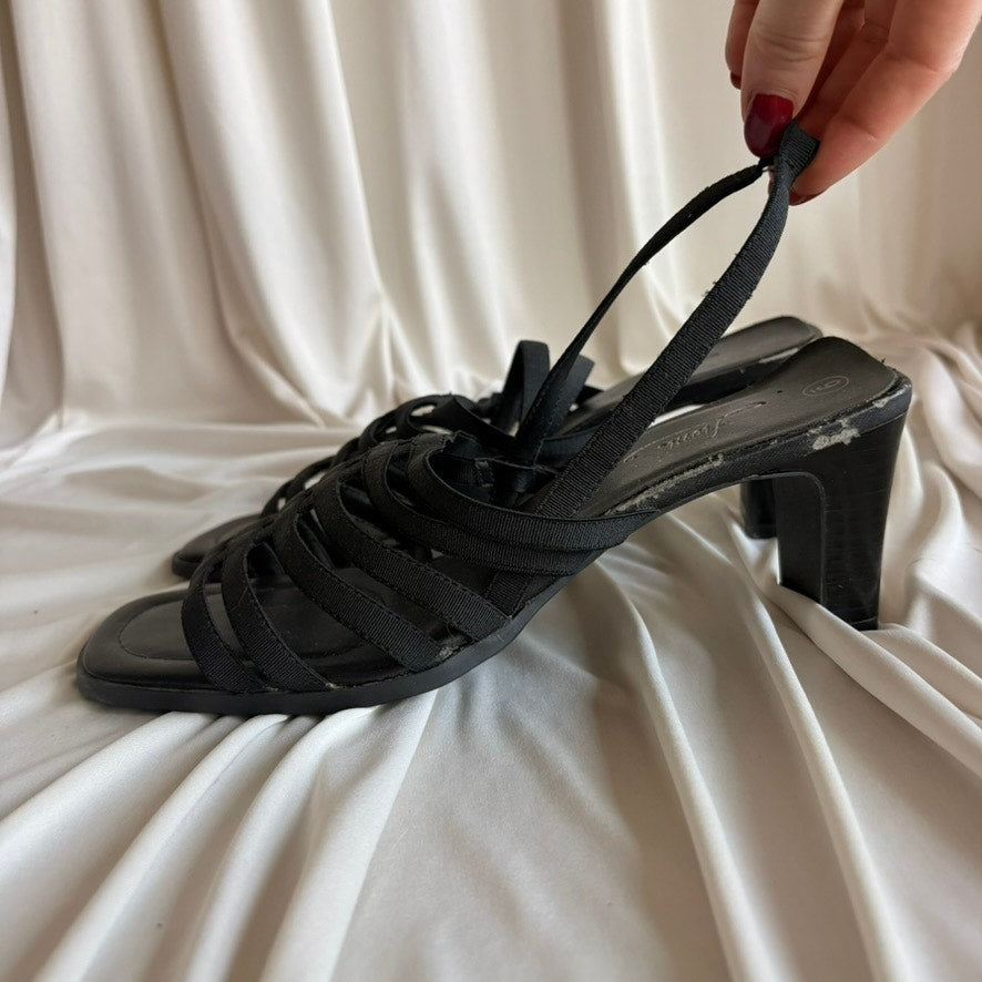 Fioni Black Strappy Sandals - Block Heel, Slingback, Size 9