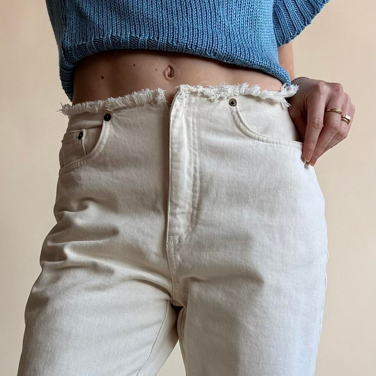 Naf Naf White Raw Hem Jeans - Grunge Edge, Fits Size 2