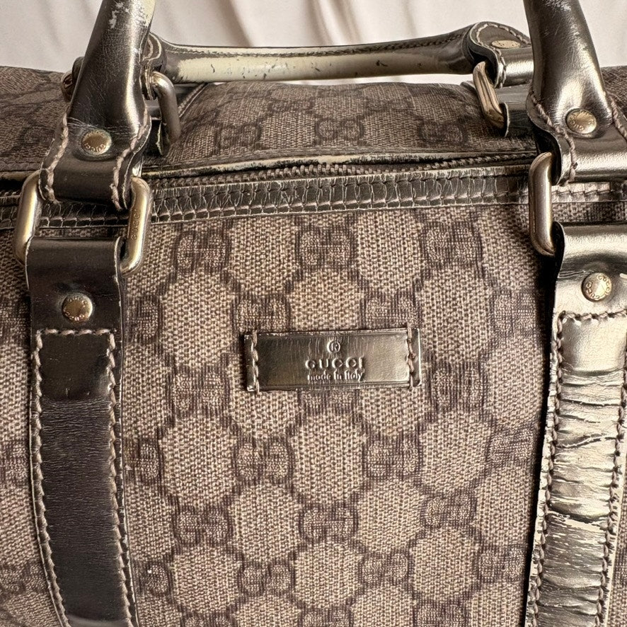 Gucci GG Supreme Joy Boston Bag - Brown Coated Canvas &Metallic Leather Trim