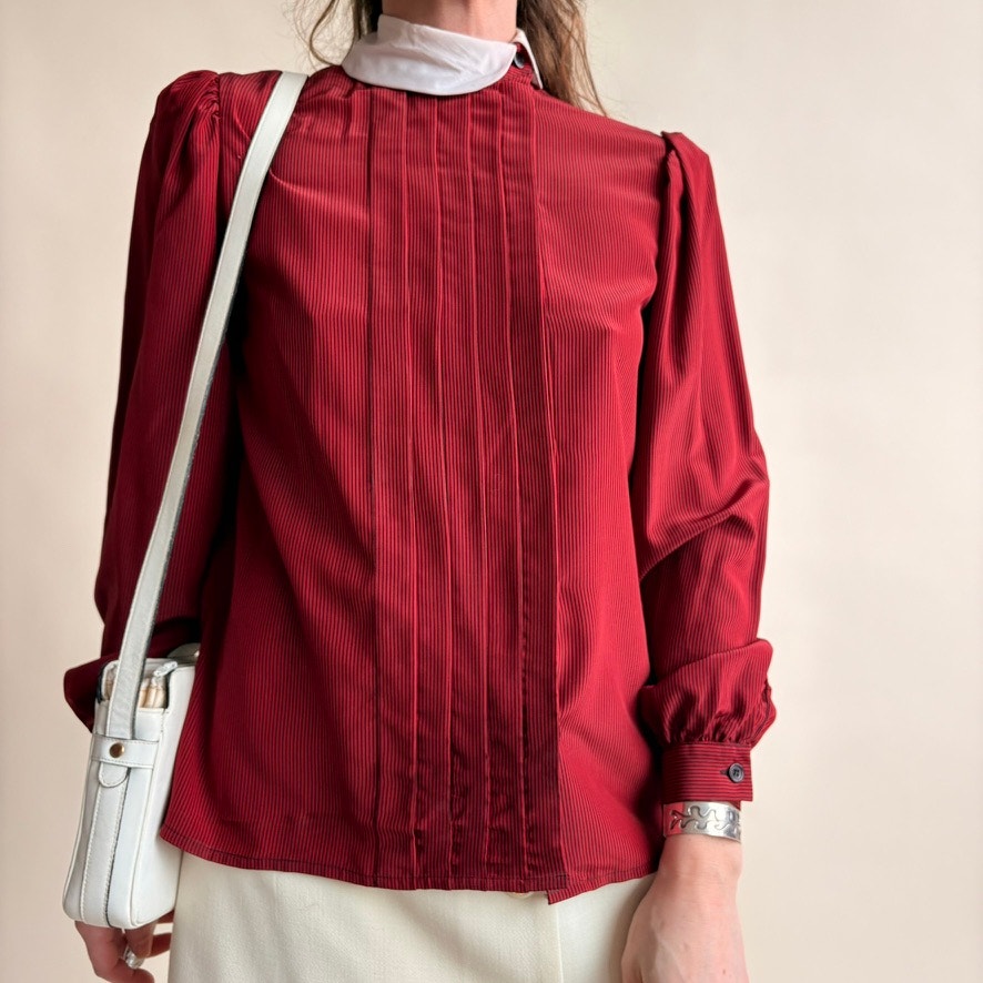 Albert Nipon Claret Pintuck Blouse - Peter Pan Collar, Puff Sleeves, Size 4