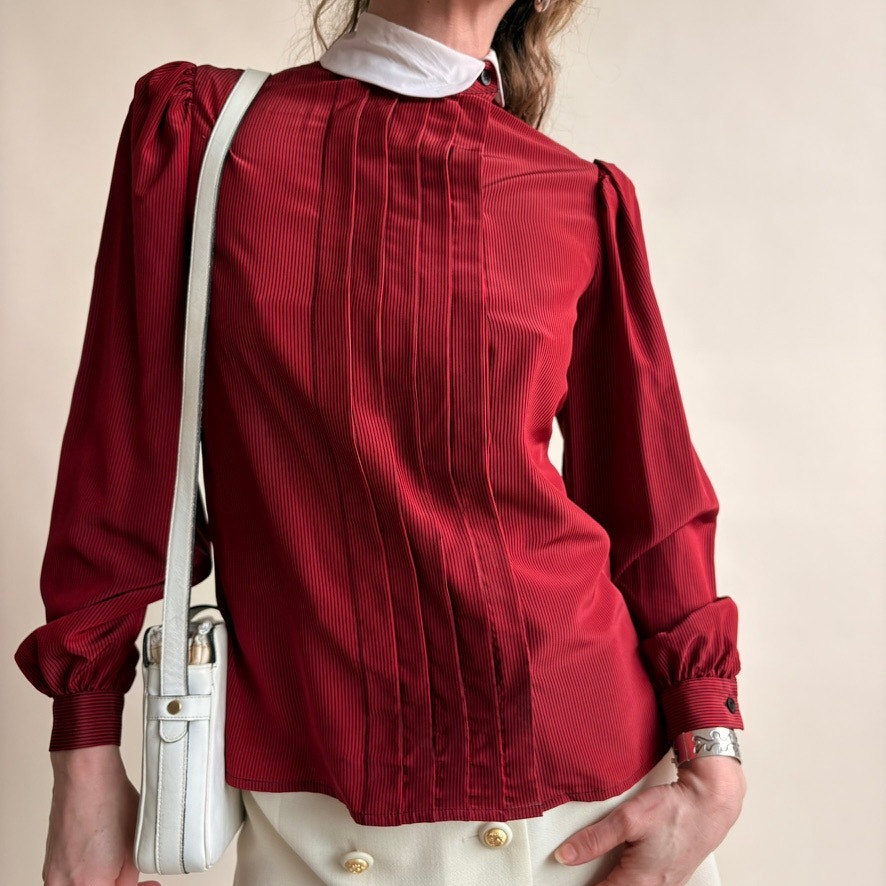 Albert Nipon Claret Pintuck Blouse - Peter Pan Collar, Puff Sleeves, Size 4