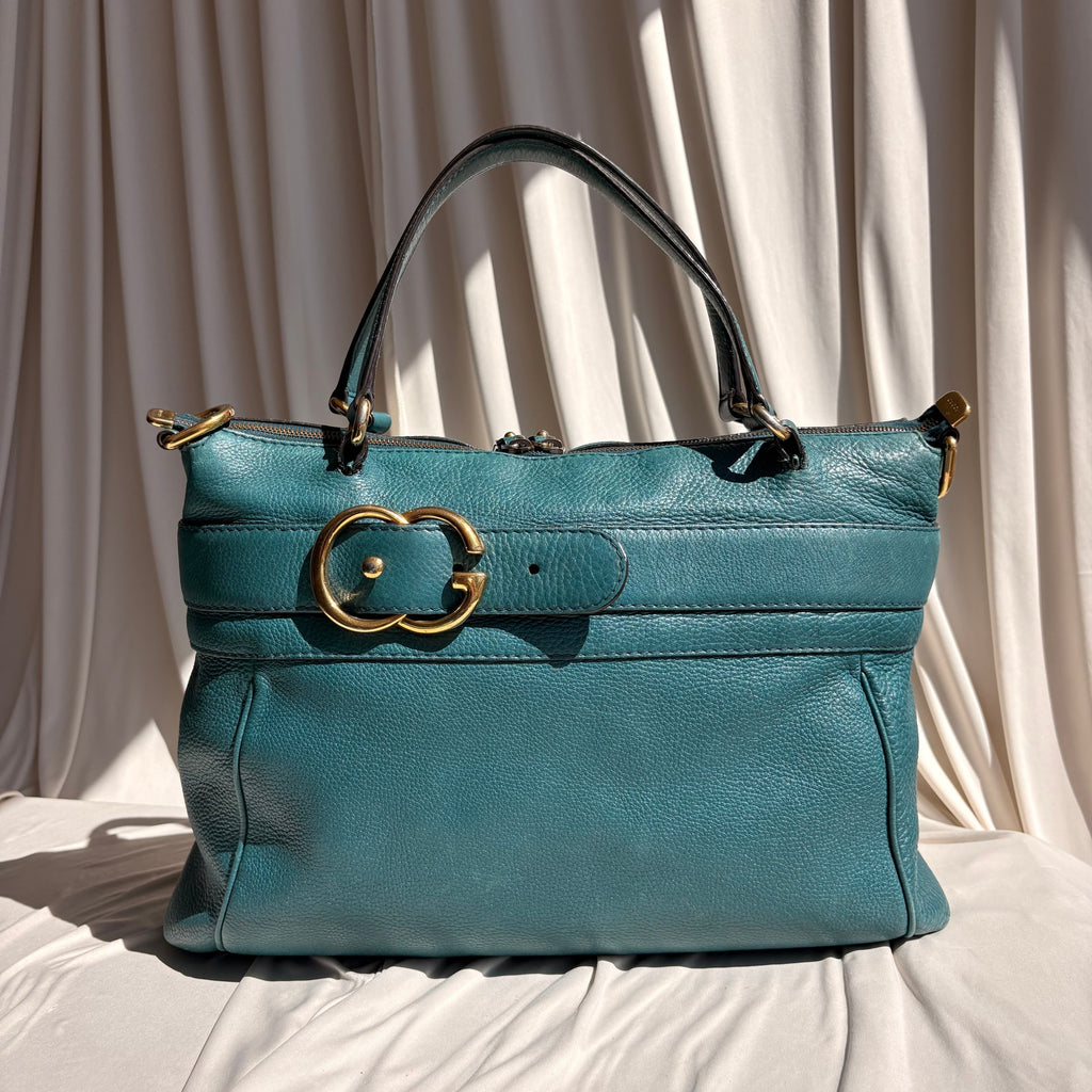 Gucci Medium Ride Top Handle Bag - Teal Pebbled Calfskin Leather, Gold Buckle