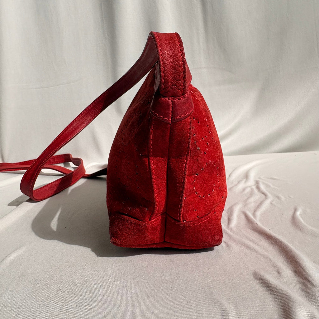 Vintage Gucci Red Suede Perforated Giant Logo Pouch Crossbody Bag