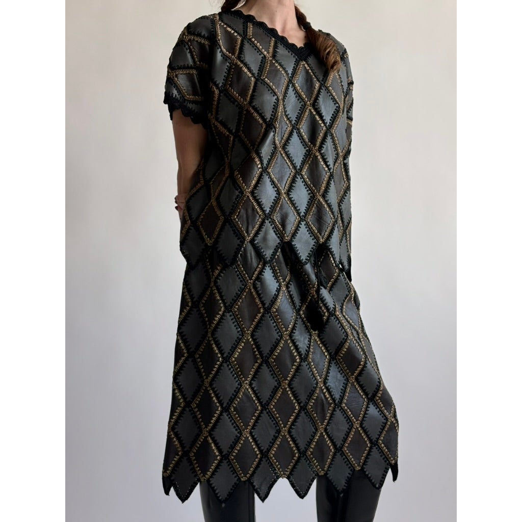 Vintage 1970s Handmade Turkish Diamond Patchwork Leather Skirt
