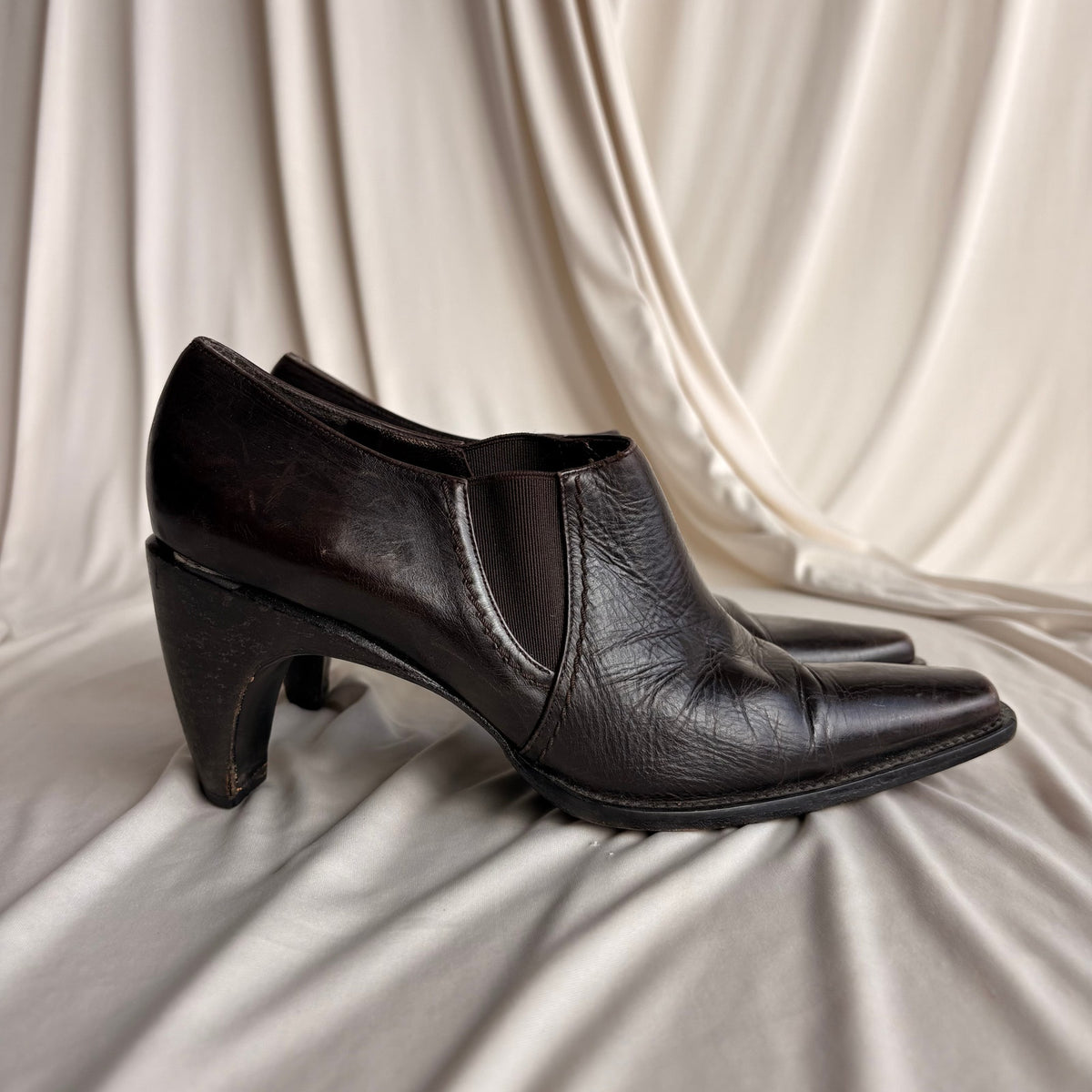 Vintage Stuart Weitzman Brown Leather Ankle Booties - Curved Heel, 7.5