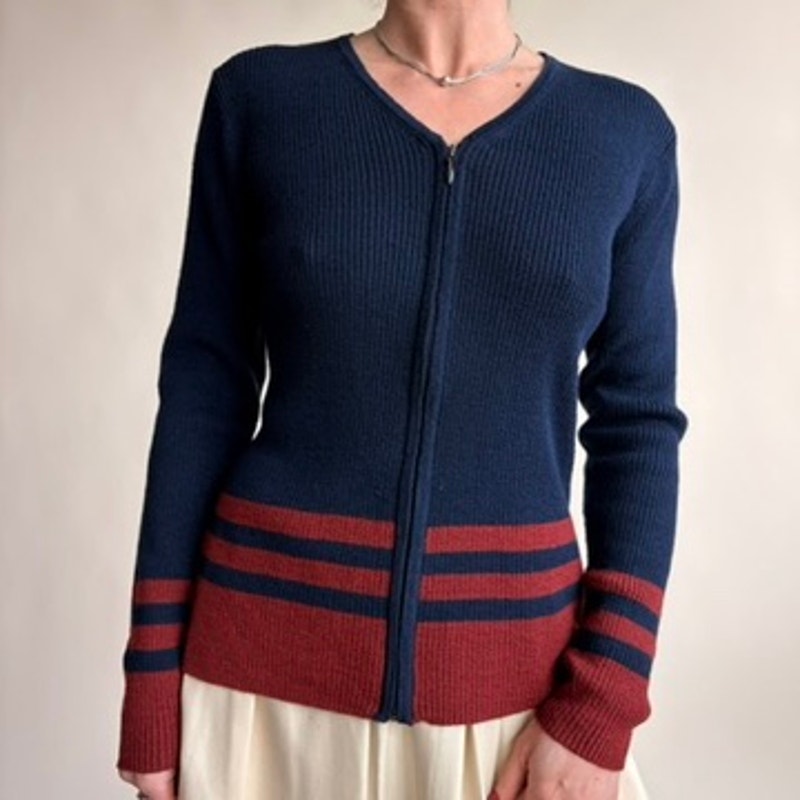 Jones & Co. Navy Zip Cardigan - Burgundy Stripes, Wool Blend, Preppy Coastal Vibes, Size Small