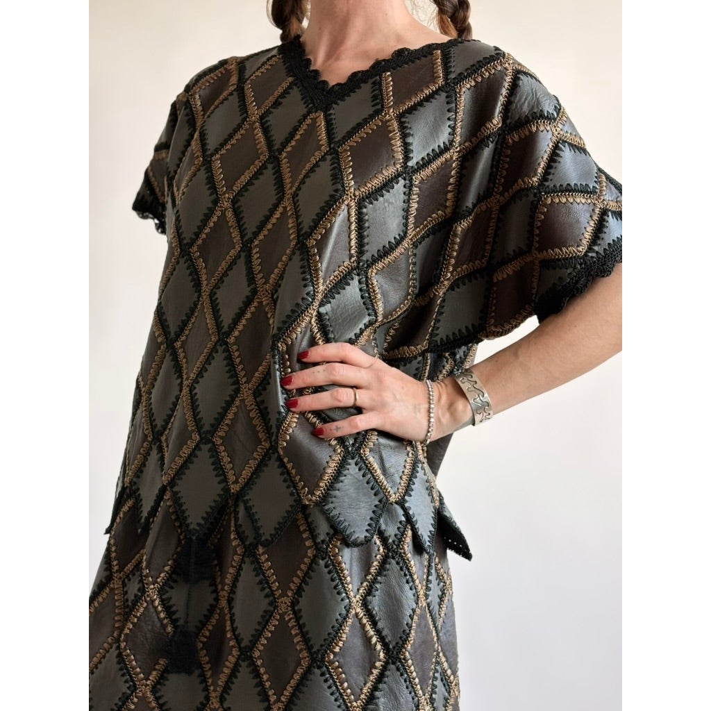 Vintage 1970s Handmade Turkish Diamond Patchwork Leather Top