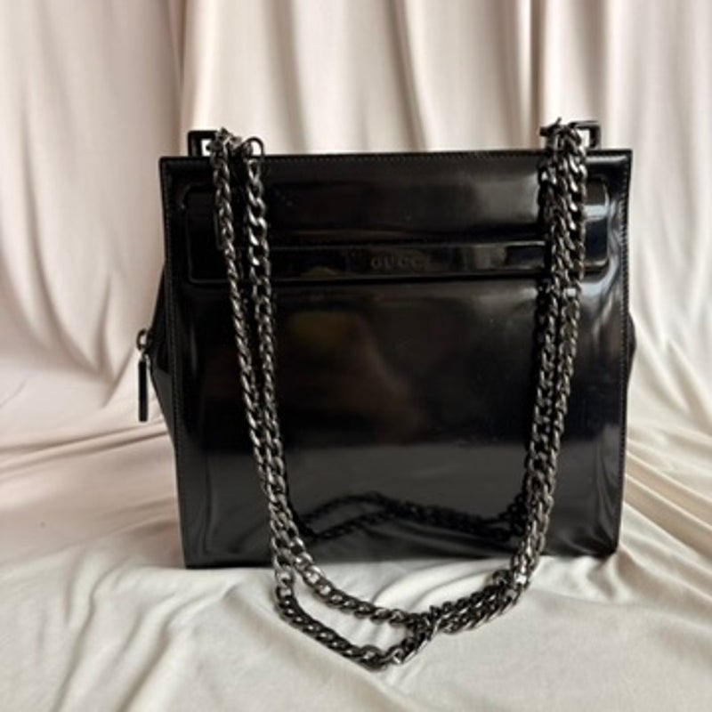 Vintage Gucci Tom Ford Era Black Patent Leather Chain Tote